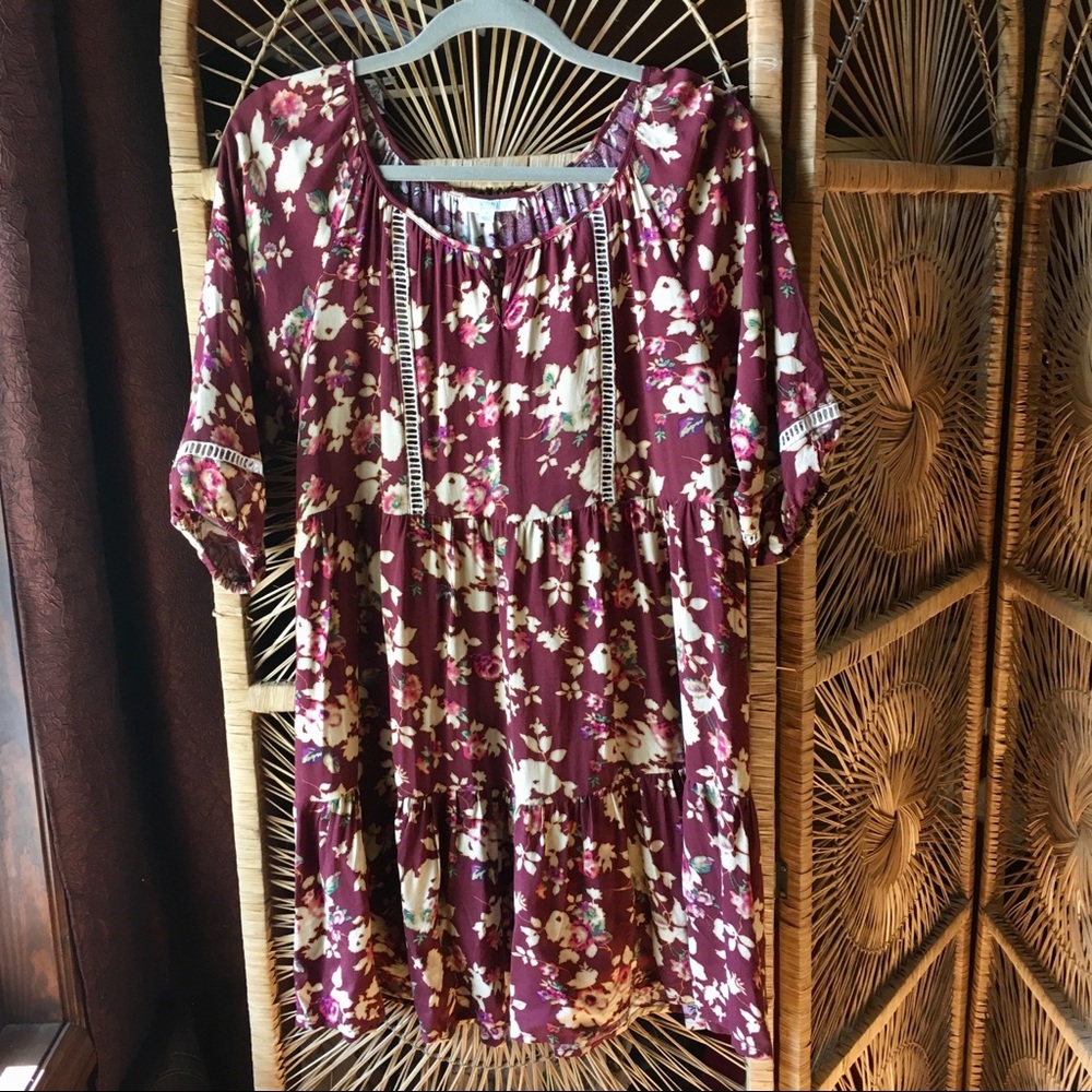 5/$25 KORI Burgundy Floral Ruffle Cottagecore Prairie Dress Lace Small